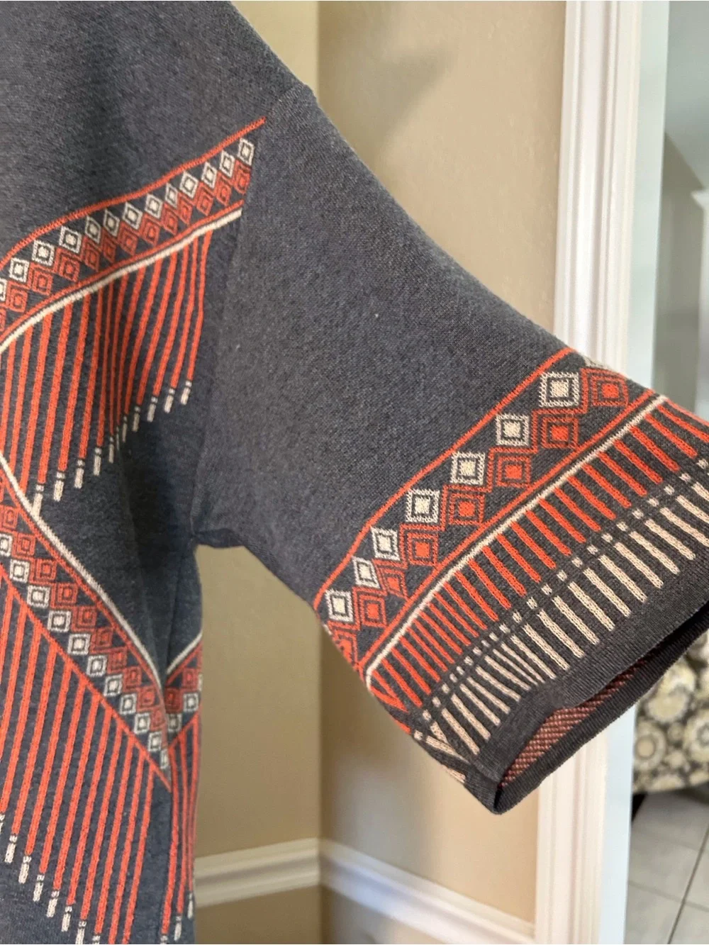 Jealous Tomato Gray, Rust & Cream Geometric Open Cardigan